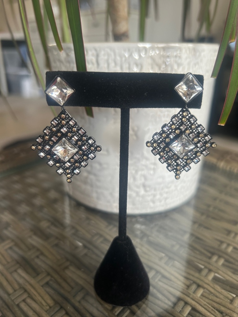 Swarovski Black and Clear Crystal Lattice Drop Earrings